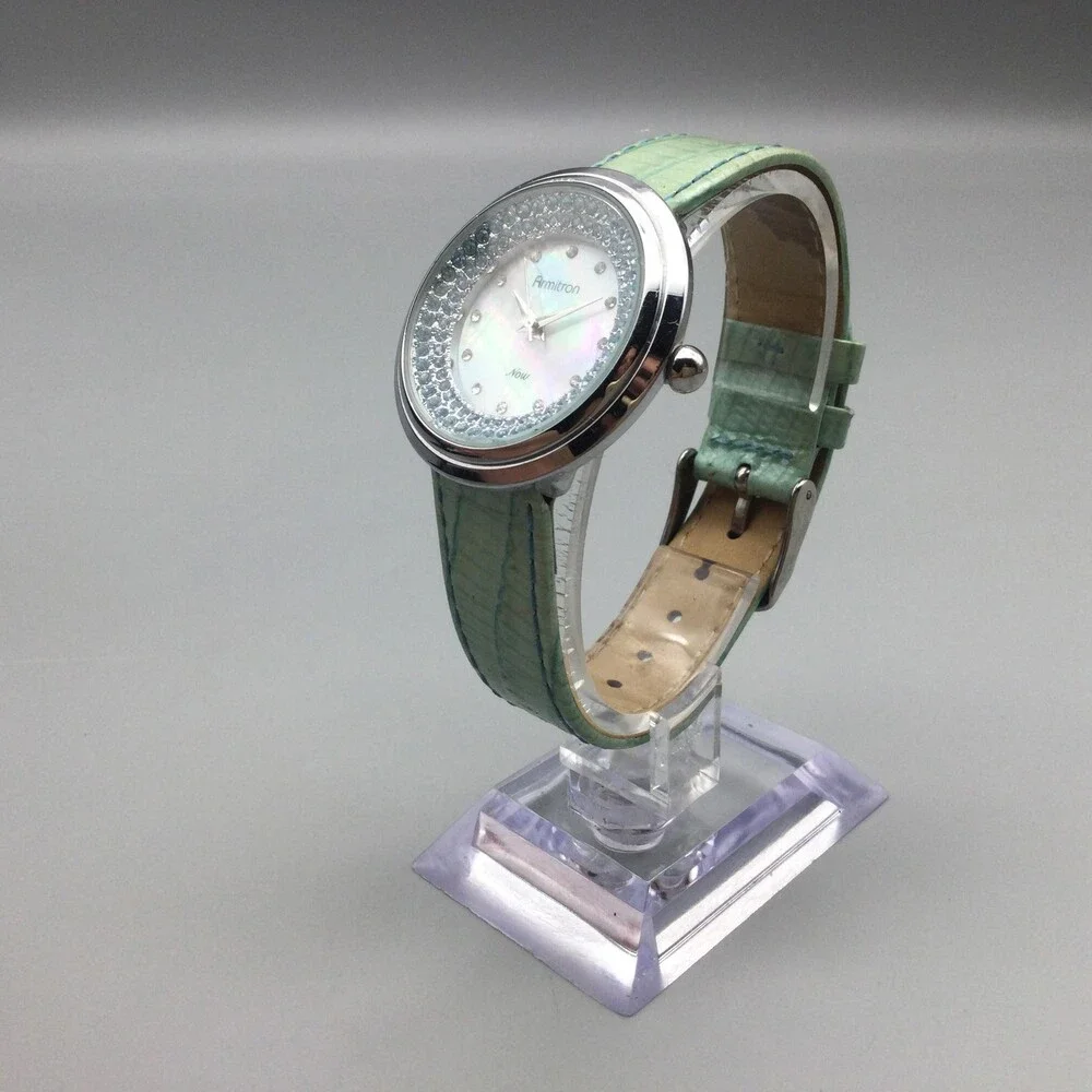Armitron Womens Watch 35mm MOP Dial Green Leather Crystal Bezel New Battery
